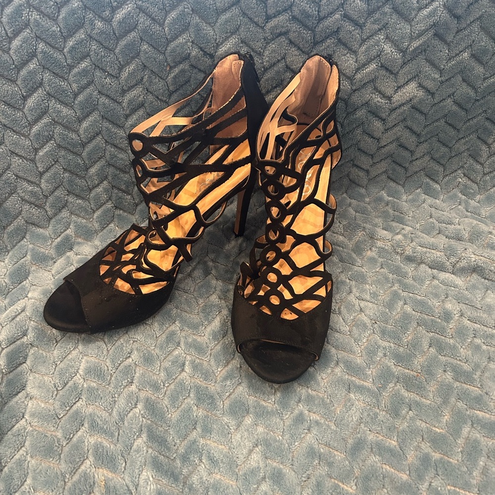 XOXO Black High-Heeled Cage Heels